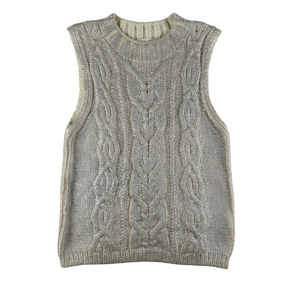 Dear John Sweater Vest Womens Small White Cable Knit Metallic Crewneck Pullover